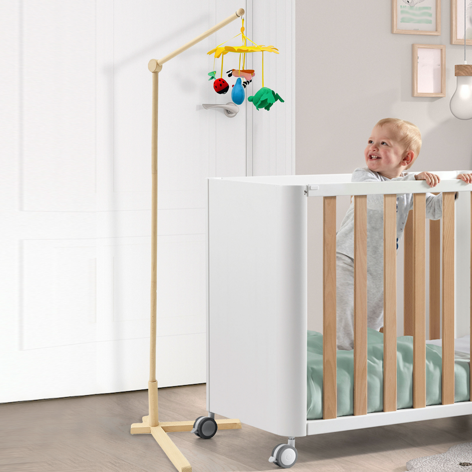 Baby Nursery Decorations - Wood Floor Standing Crib Mobile Arm