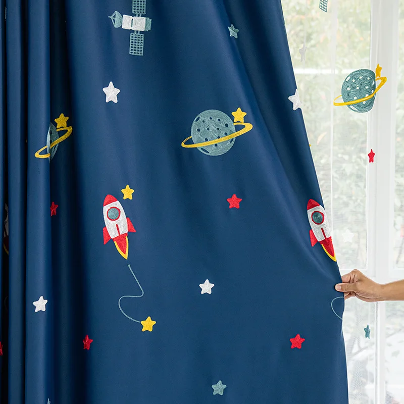Navy Blue Cartoon Rocket Space - Blackout Curtain Nursery 리뷰 및 가격