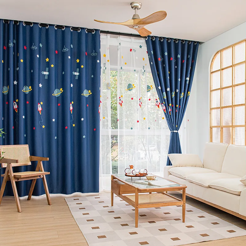Navy Blue Cartoon Rocket Space - Blackout Curtain Nursery 리뷰 및 가격