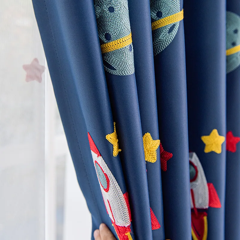 Navy Blue Cartoon Rocket Space - Blackout Curtain Nursery 리뷰 및 가격